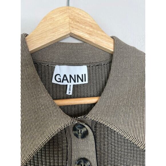 NEW Ganni Melange Collar Embroidered Short-Sleeve Knit Mini Dress Safari Size: M - Picture 4 of 8